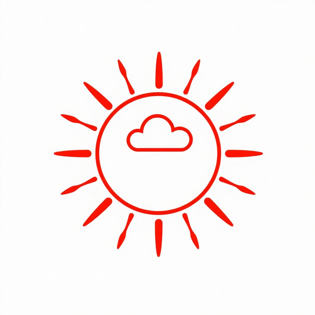 Clean minimalist outline icon of a weather sun with a small cloud, signal red color hsl(357, 95%, 45%), white background, professional vector style