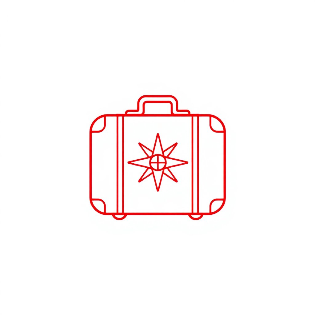 Clean minimalist outline icon of a compass or travel suitcase, signal red color hsl(357, 95%, 45%), white background, professional vector style