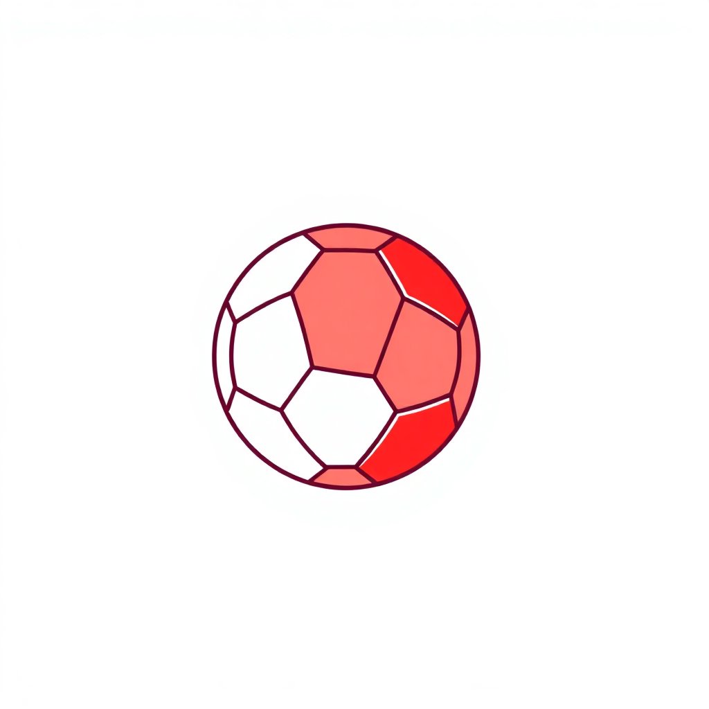 Clean minimalist outline icon of a soccer ball, signal red color hsl(357, 95%, 45%), white background, professional vector style