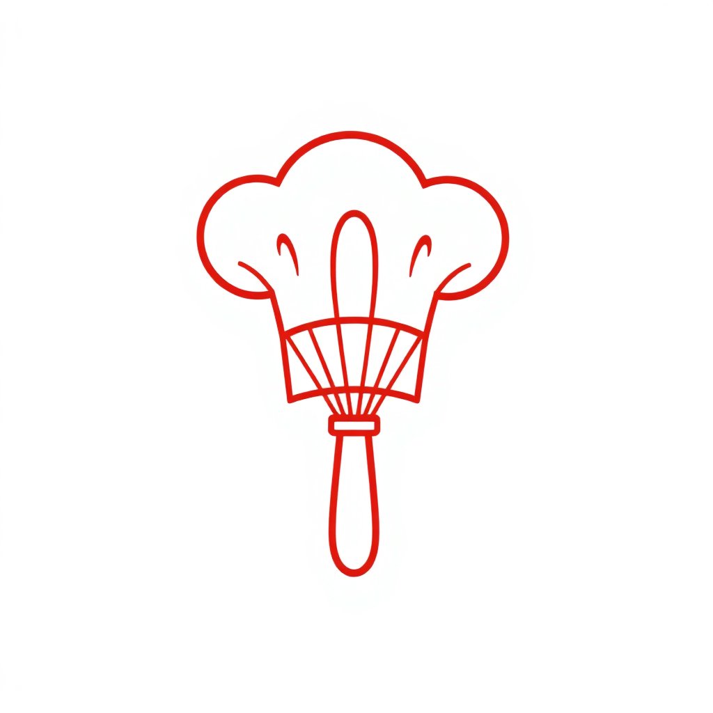 Clean minimalist outline icon of a chef hat or cooking whisk, signal red color hsl(357, 95%, 45%), white background, professional vector style
