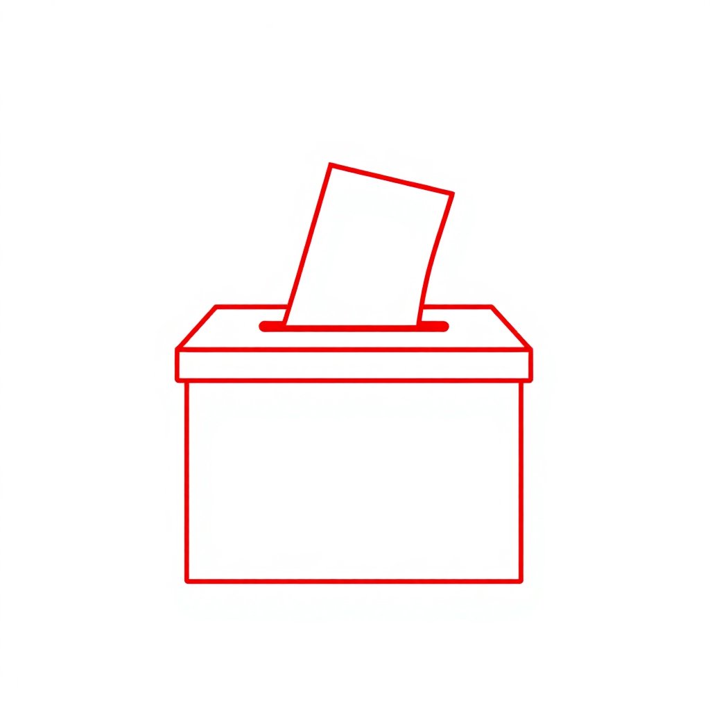 Clean minimalist outline icon of a ballot box with a paper, signal red color hsl(357, 95%, 45%), white background, professional vector style