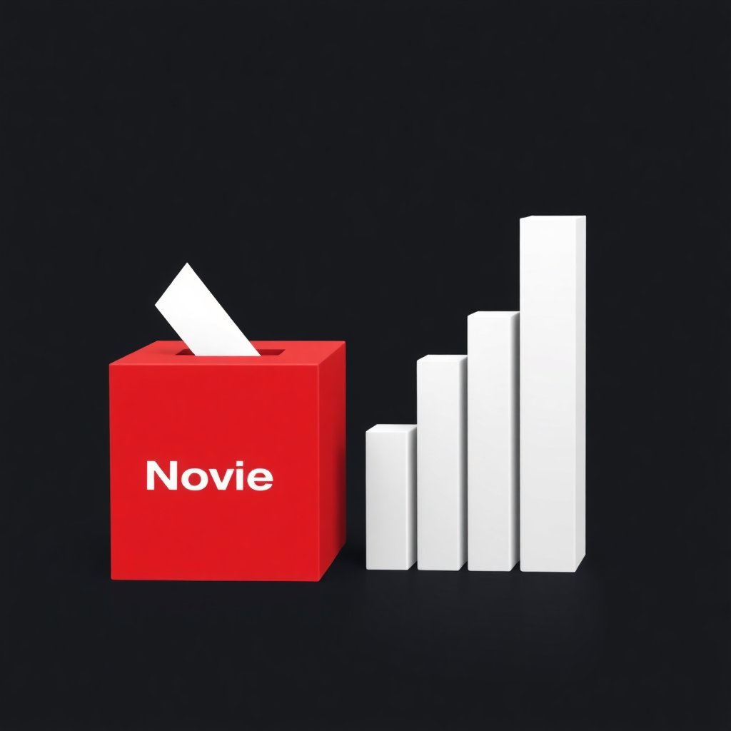 Minimalist modern 3D illustration of a voting box and a rising bar chart, Novinky.cz brand colors (signal red, black, white), dark background, high quality vector style, clean composition.