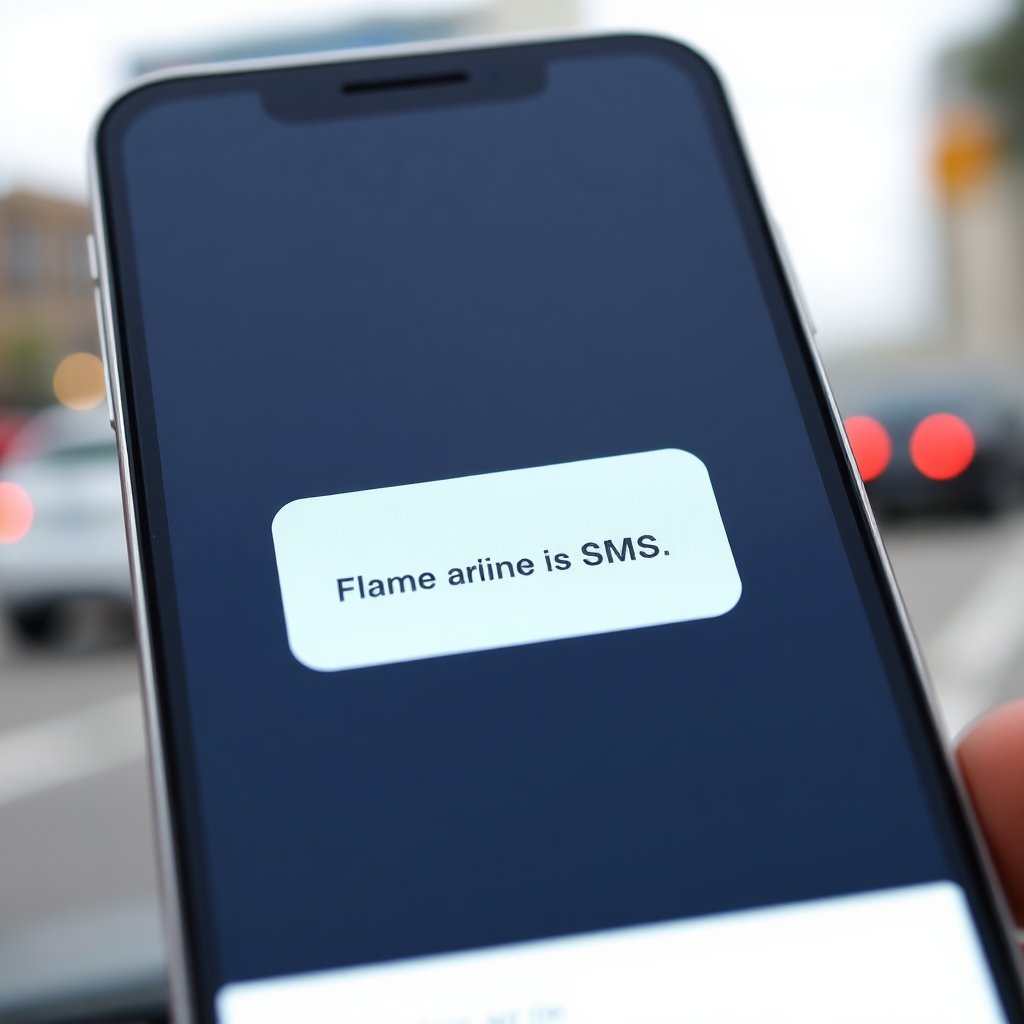 A close-up high quality photo of a smartphone screen displaying a fraudulent SMS notification about a driving fine, cyber security context, blurred city background