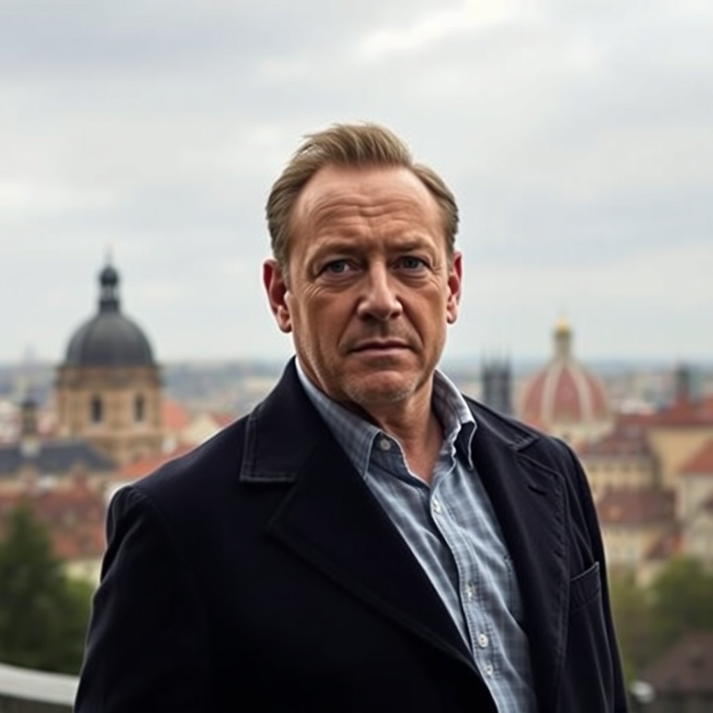 Kevin Spacey in Prague, cinematic portrait, city background, professional photography