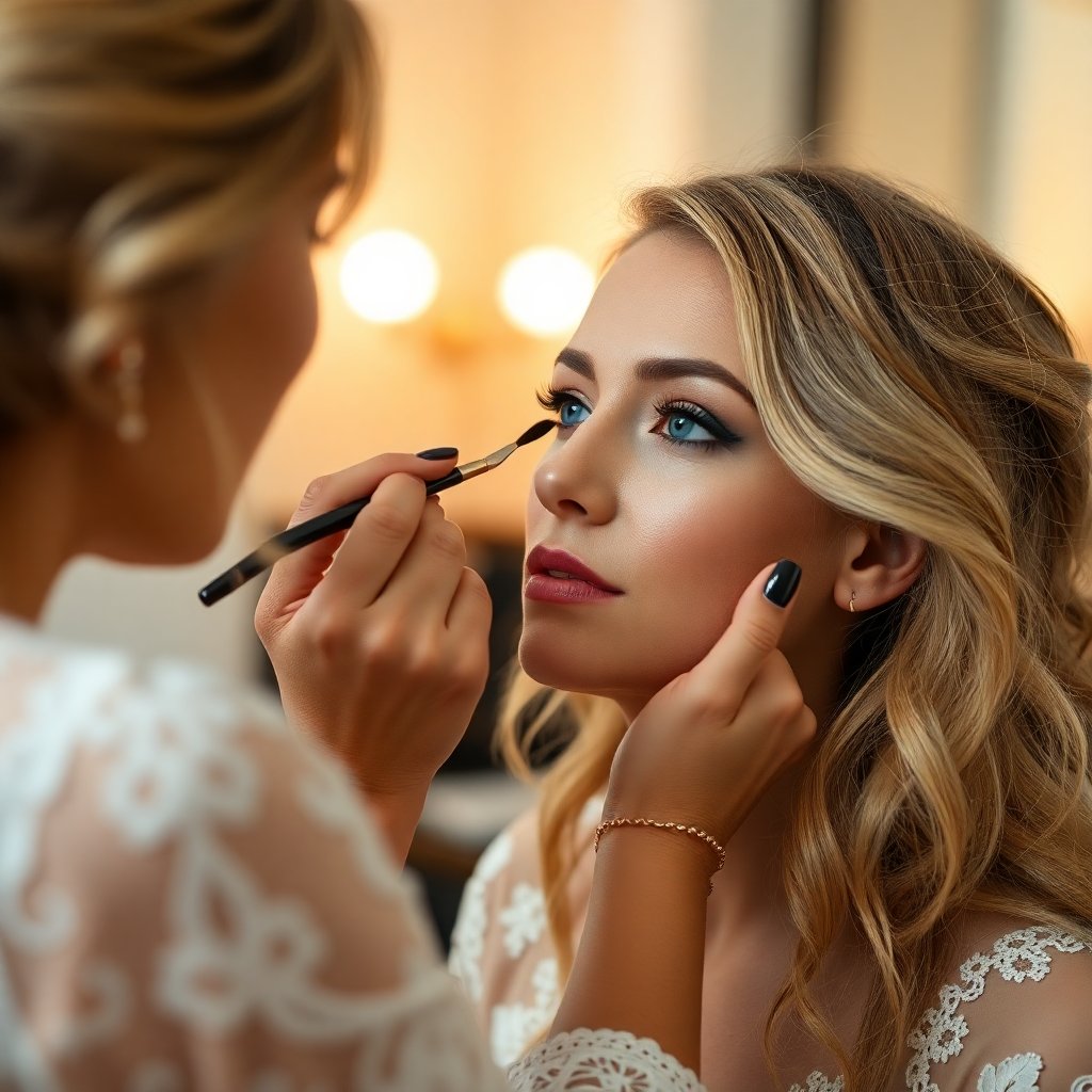 Professional makeup artist applying makeup, close up, elegant lifestyle photography, soft lighting, Veronika Boho style