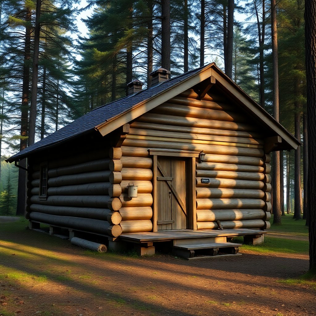 First Republic wooden cabin, Czech forest, traditional architecture, historic log house, soft morning light